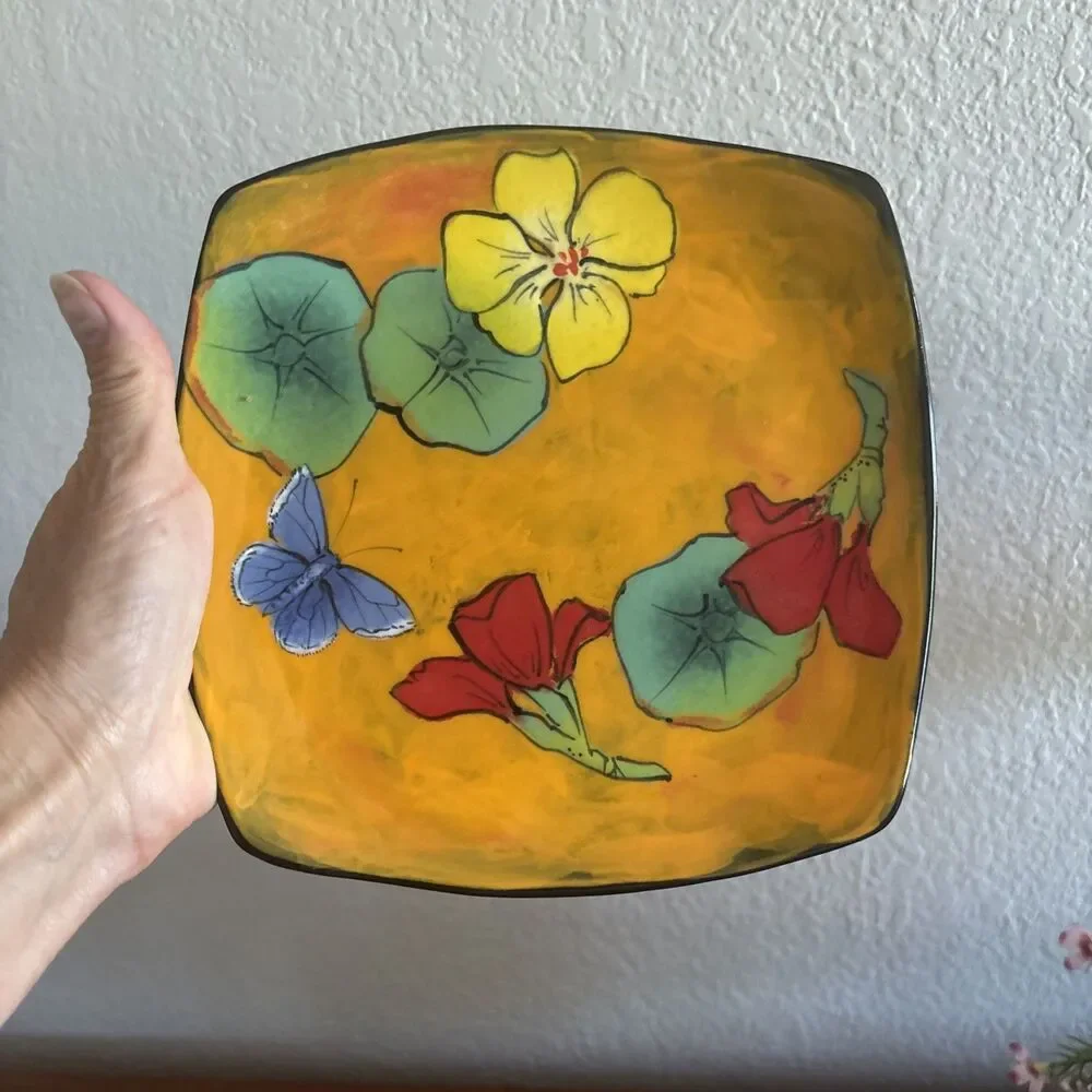 Rainbow Gate Santa Fe Pottery Plate RARE Square Plate Nasturtium Butterfly 7.75